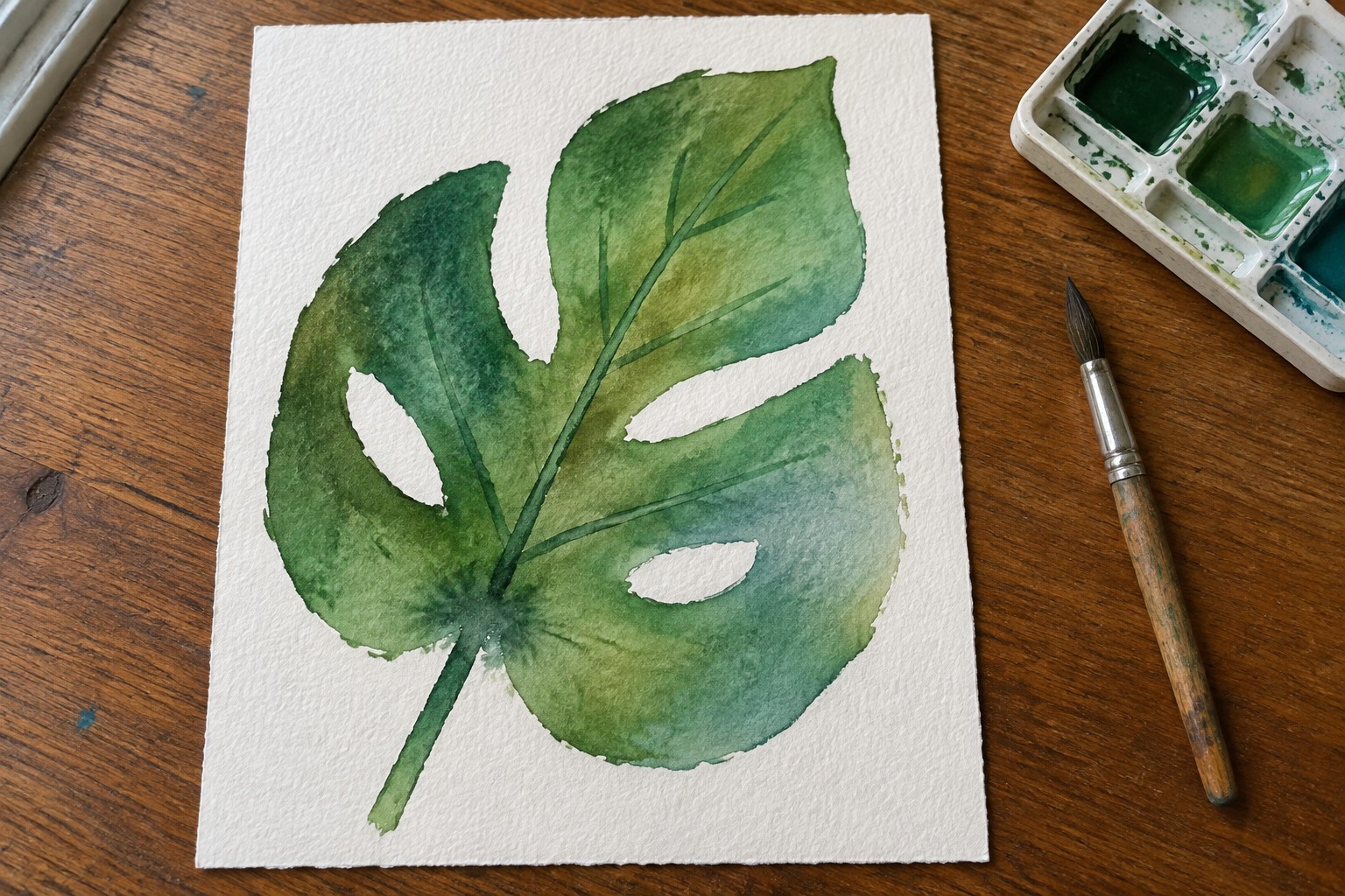 Watercolor monstera leaf in greens and blues on paper with palette and brush on wood