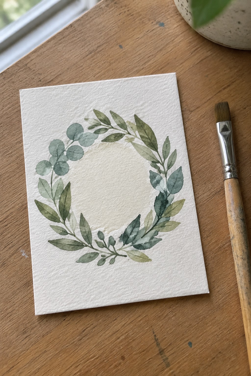Watercolor green leaf wreath on white paper beside paintbrush on wooden table