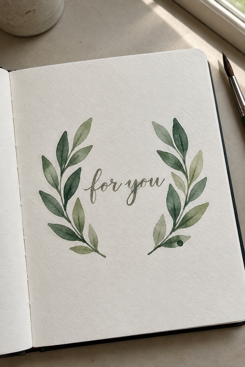 Open notebook with green watercolor leaf wreath around