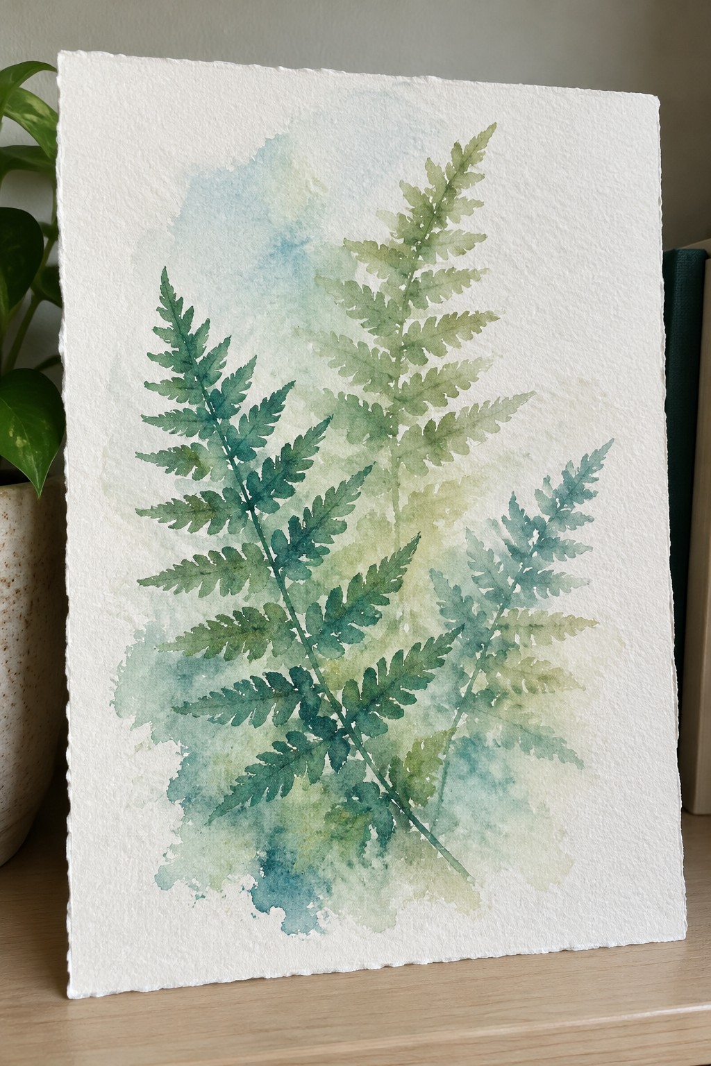 Watercolor painting of several green fern fronds on white paper with soft blue-green washes in the background.