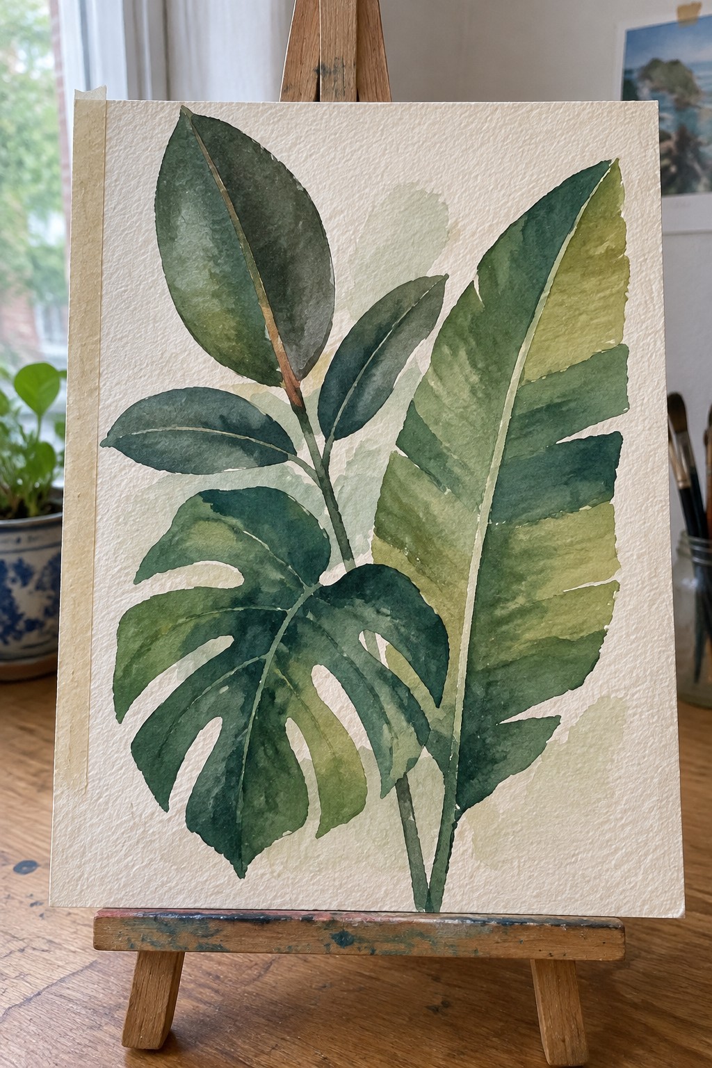 Watercolor painting of green tropical leaves on a wooden easel