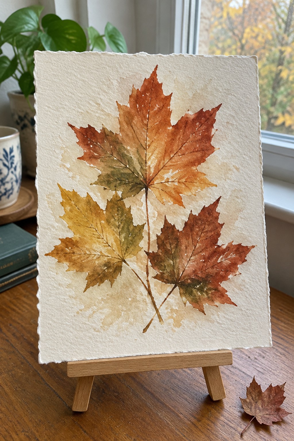 Three watercolor maple leaves in autumn colors on textured paper atop wooden easel