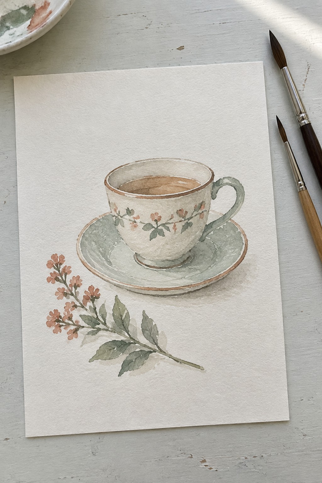 Watercolor painting of floral teacup on saucer with pink flowers and paintbrushes