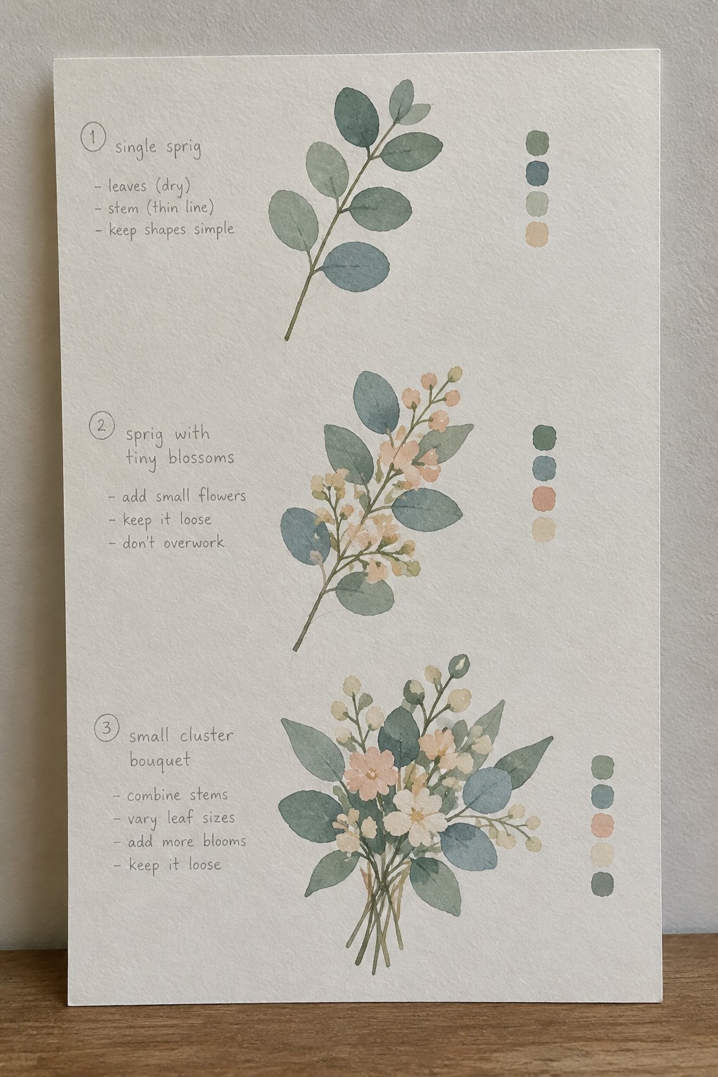 Three watercolor examples on paper show a single leafy sprig, a sprig with small blossoms, and a small bouquet of leaves and flowers, each with a matching color palette on the right.