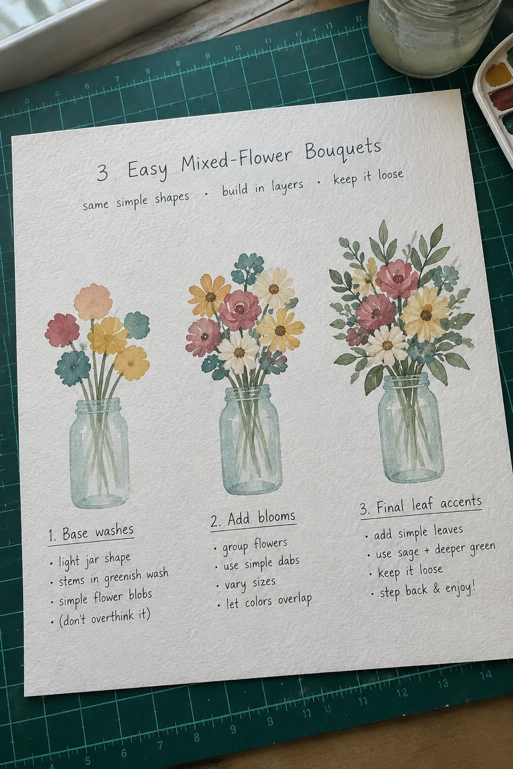 Watercolor tutorial page with three labeled stages of flower bouquets in jars