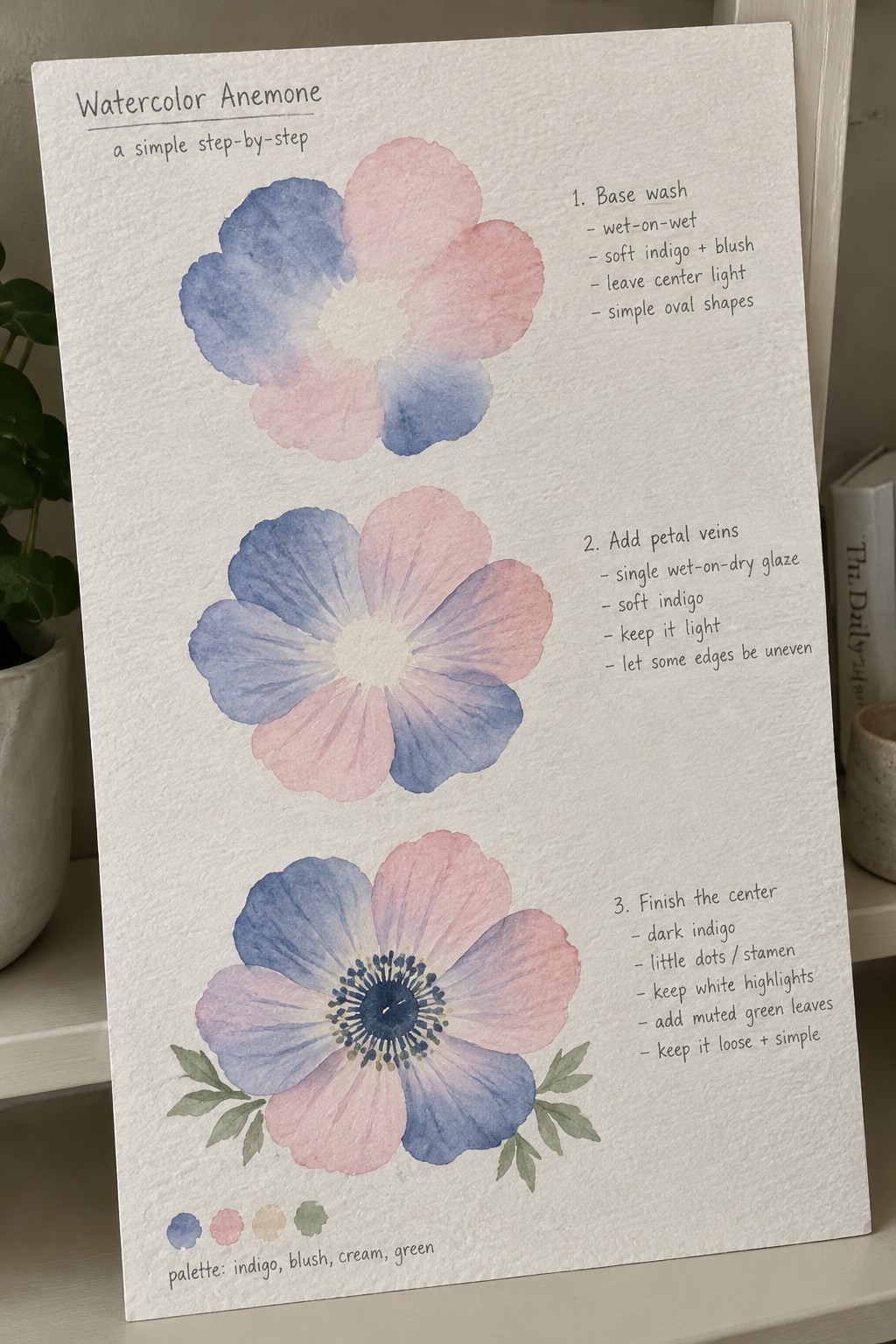Watercolor anemone tutorial with three painting stages, instructions, and indigo-blush palette.