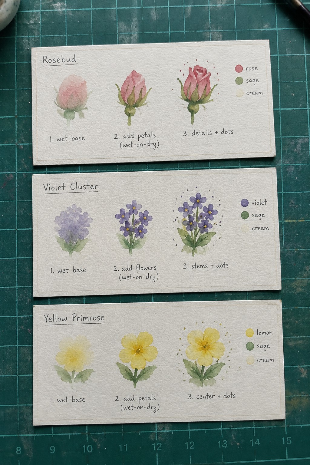 Three watercolor cards showing rosebud, violet cluster, and yellow primrose painting steps.