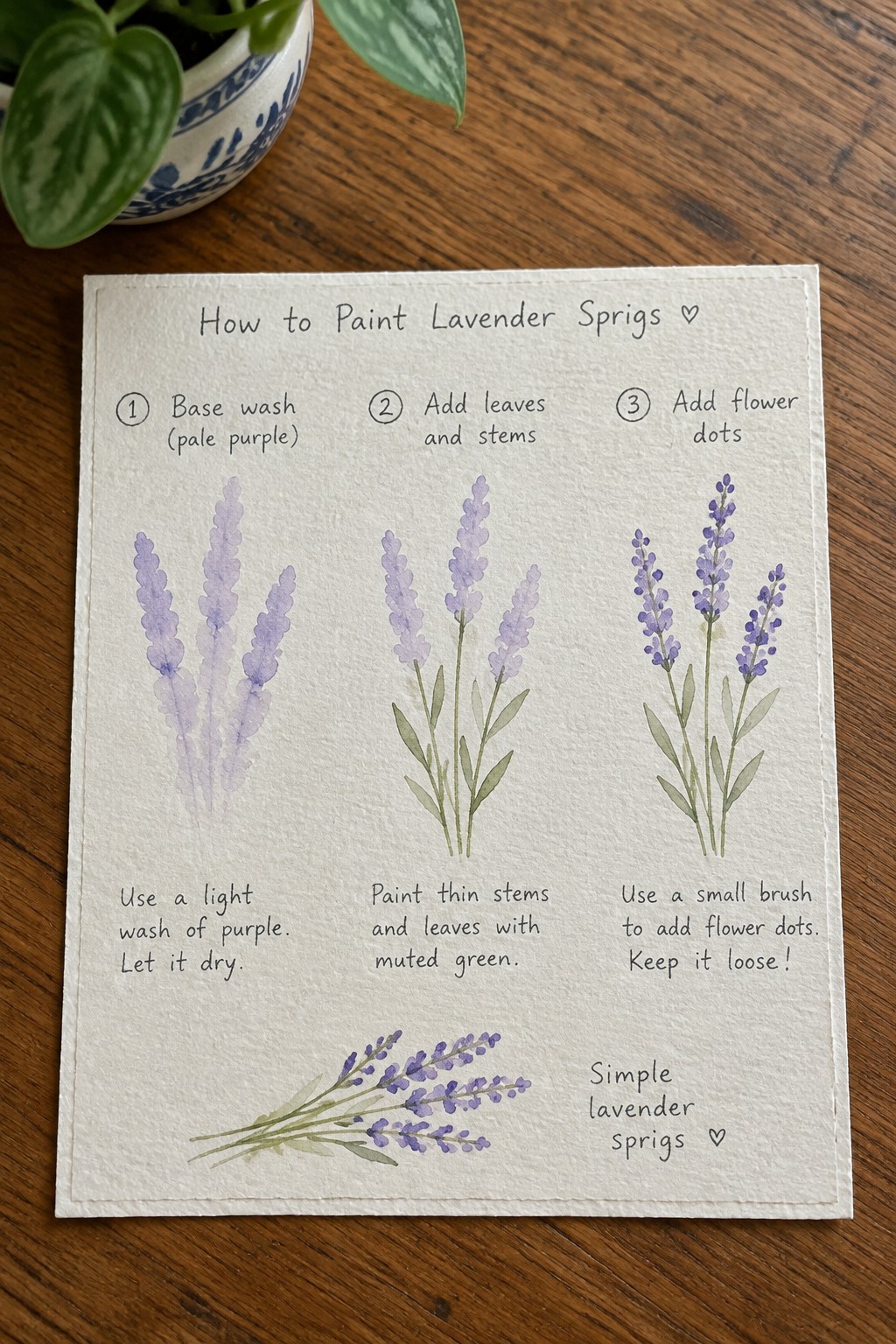 Watercolor tutorial card showing three stages of lavender sprigs painting with a finished cluster at the bottom on a wooden table.