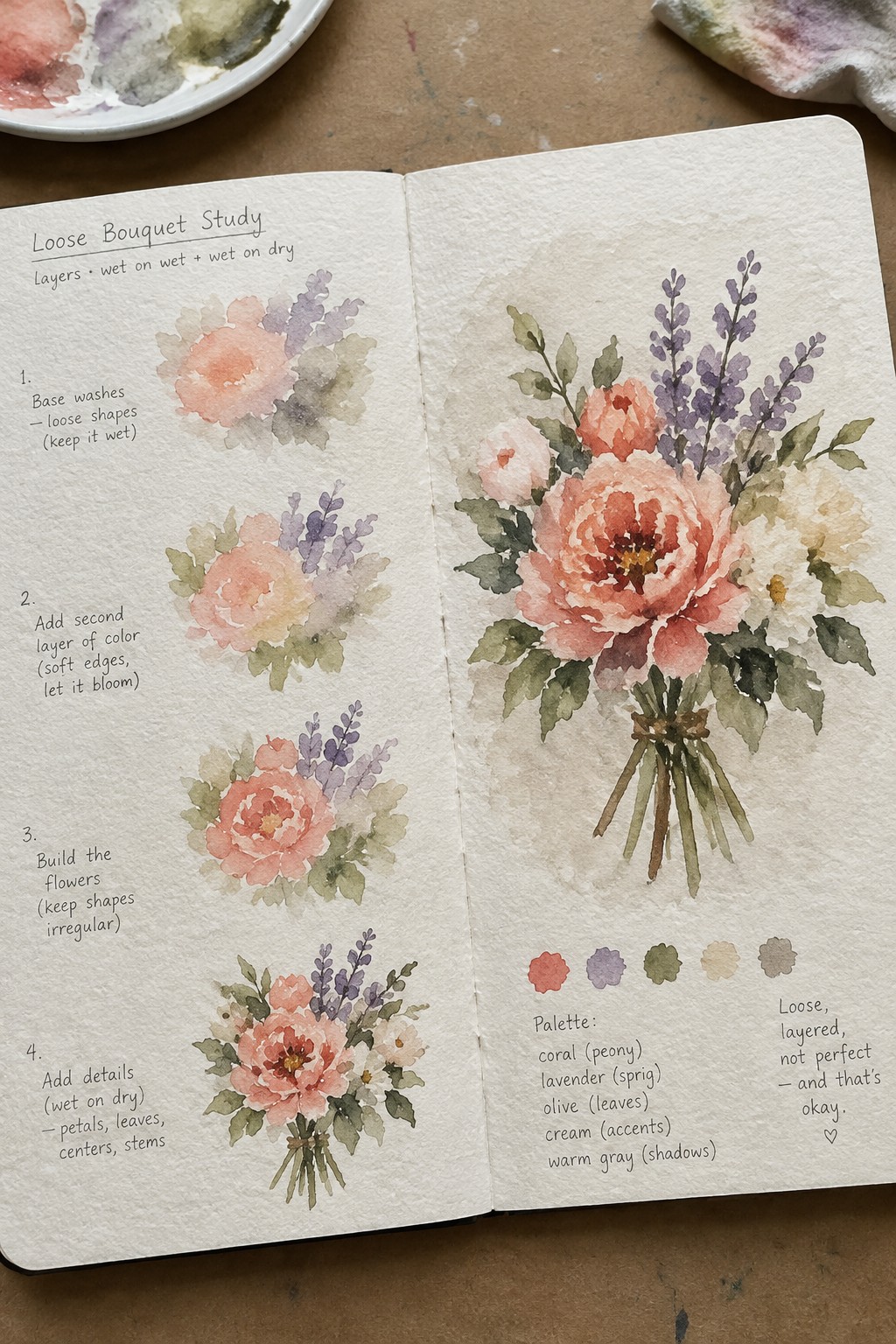 Open sketchbook with loose watercolor peony bouquet study, four steps, and finished painting.