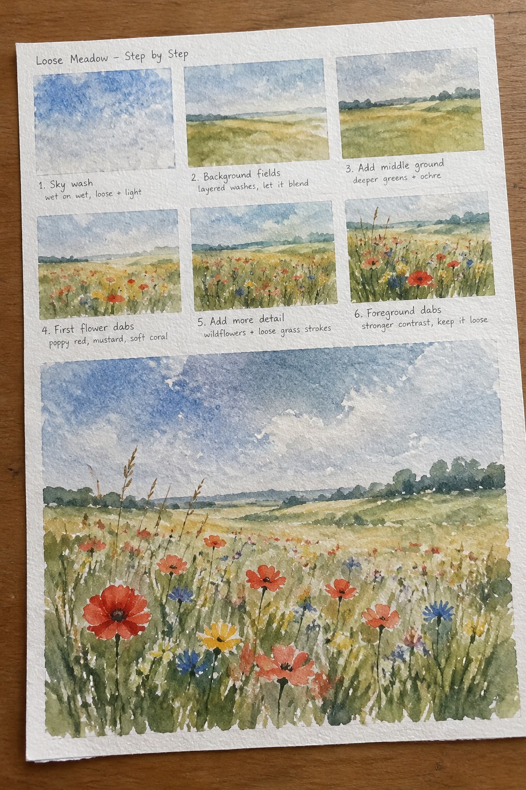 Watercolor step-by-step guide showing six stages of a wildflower meadow painting
