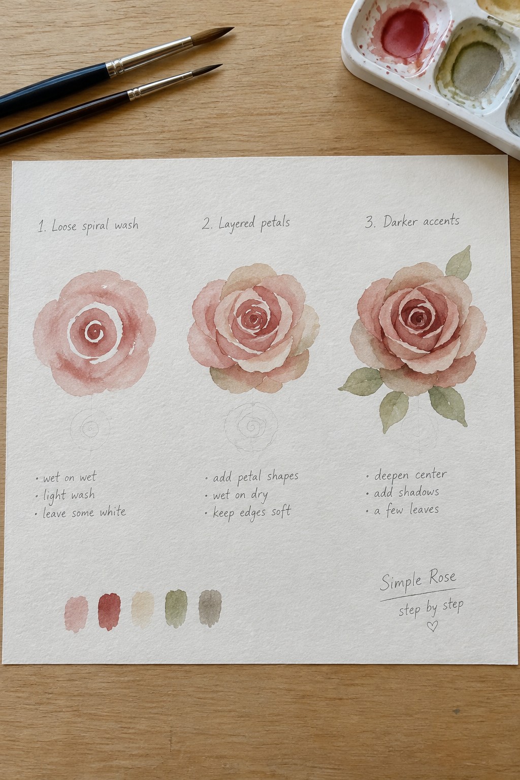 Watercolor tutorial page showing three steps to paint a simple rose using a loose spiral wash, layered petals, and darker accents with green leaves.