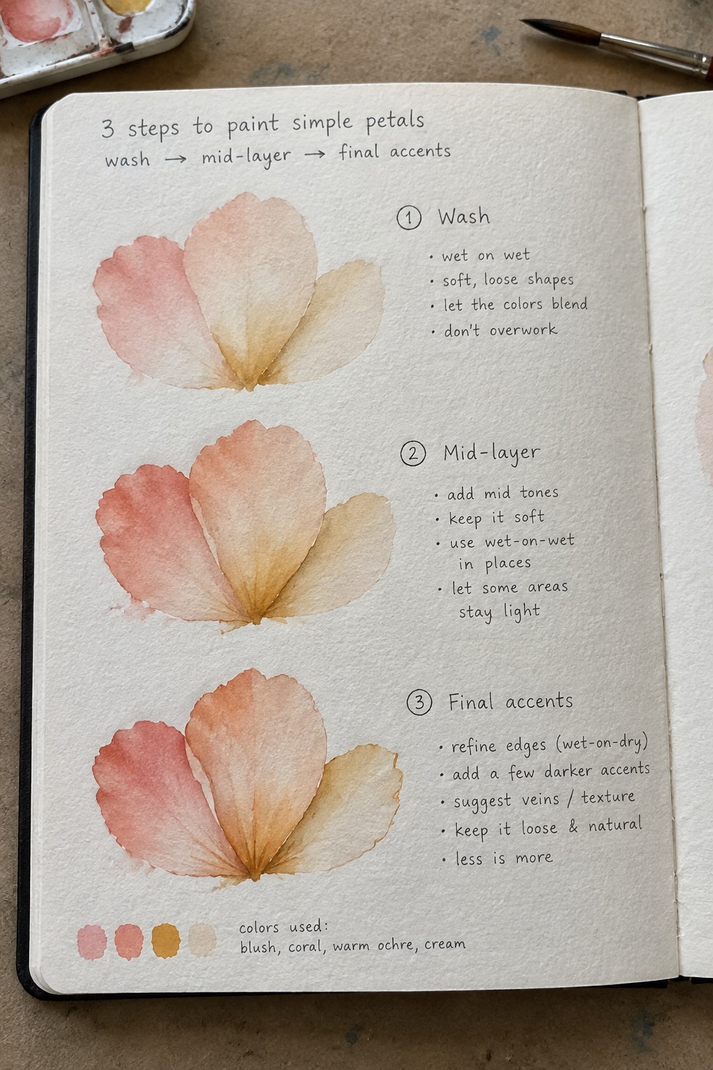 Open sketchbook with watercolor flower petals, three-step instructions, and color swatches.