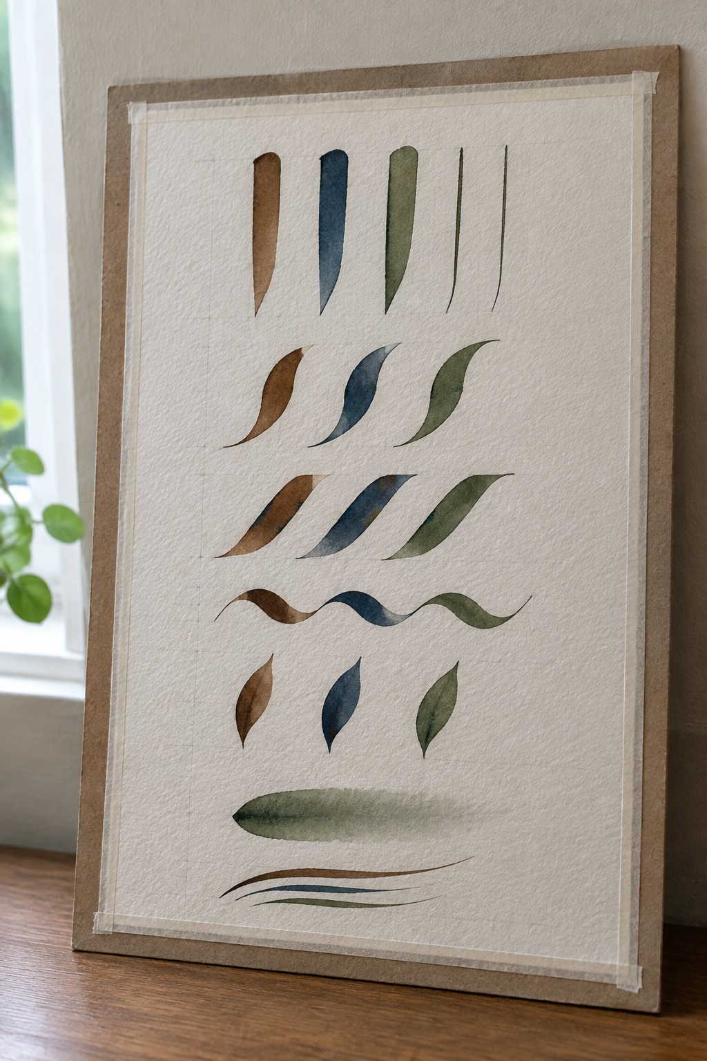 Abstract watercolor leaves in brown, blue, and green arranged on white paper mounted to board