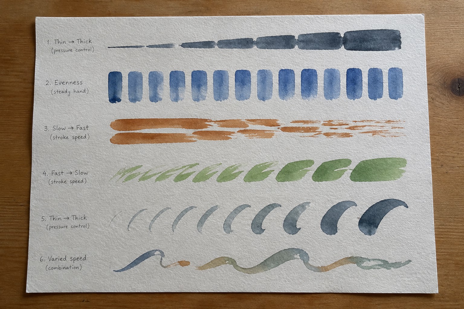 Watercolor warm-up exercises with brushstroke techniques in gray, blue, brown, and green on paper