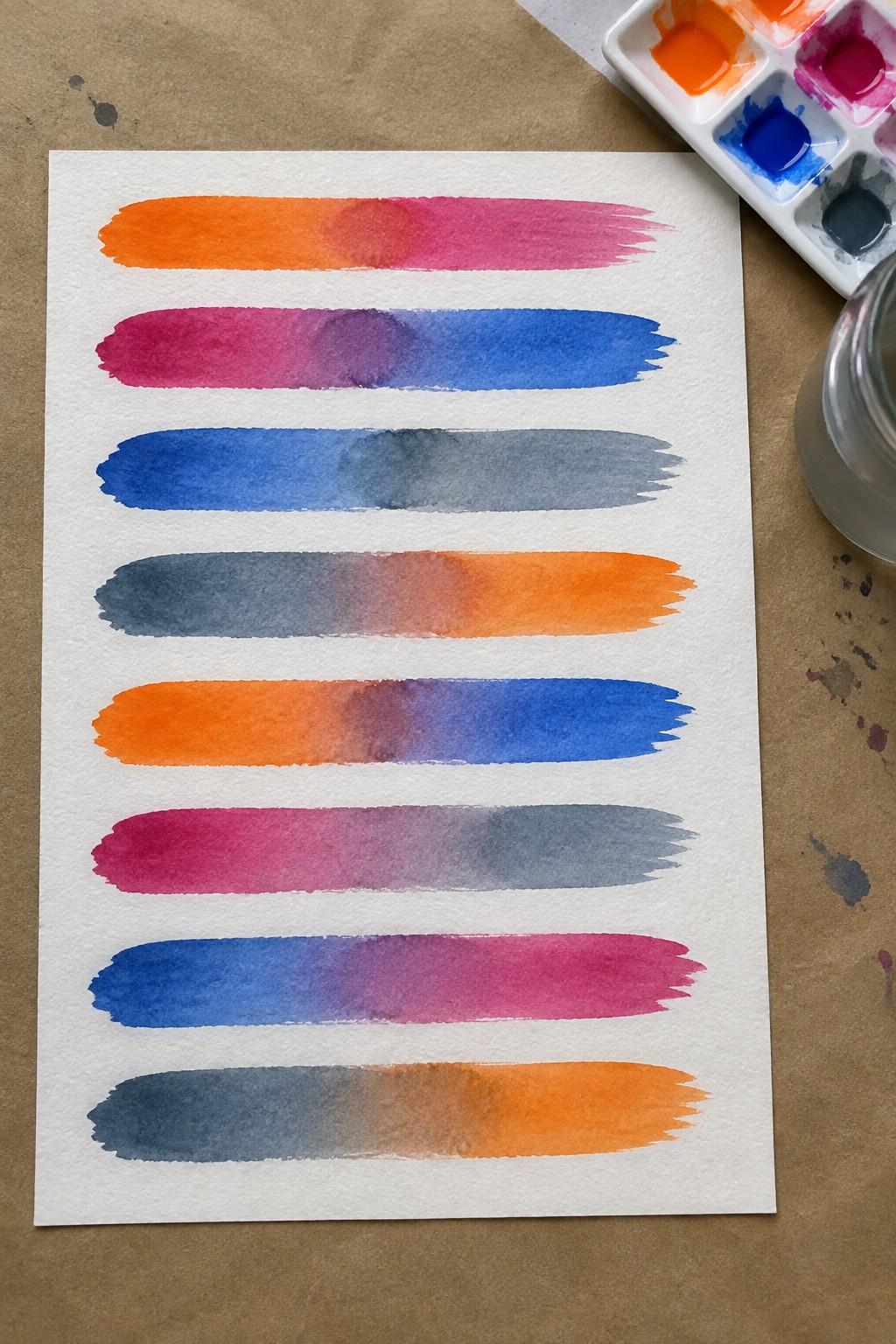 Watercolor gradient swatches on paper beside palette and glass jar on brown surface