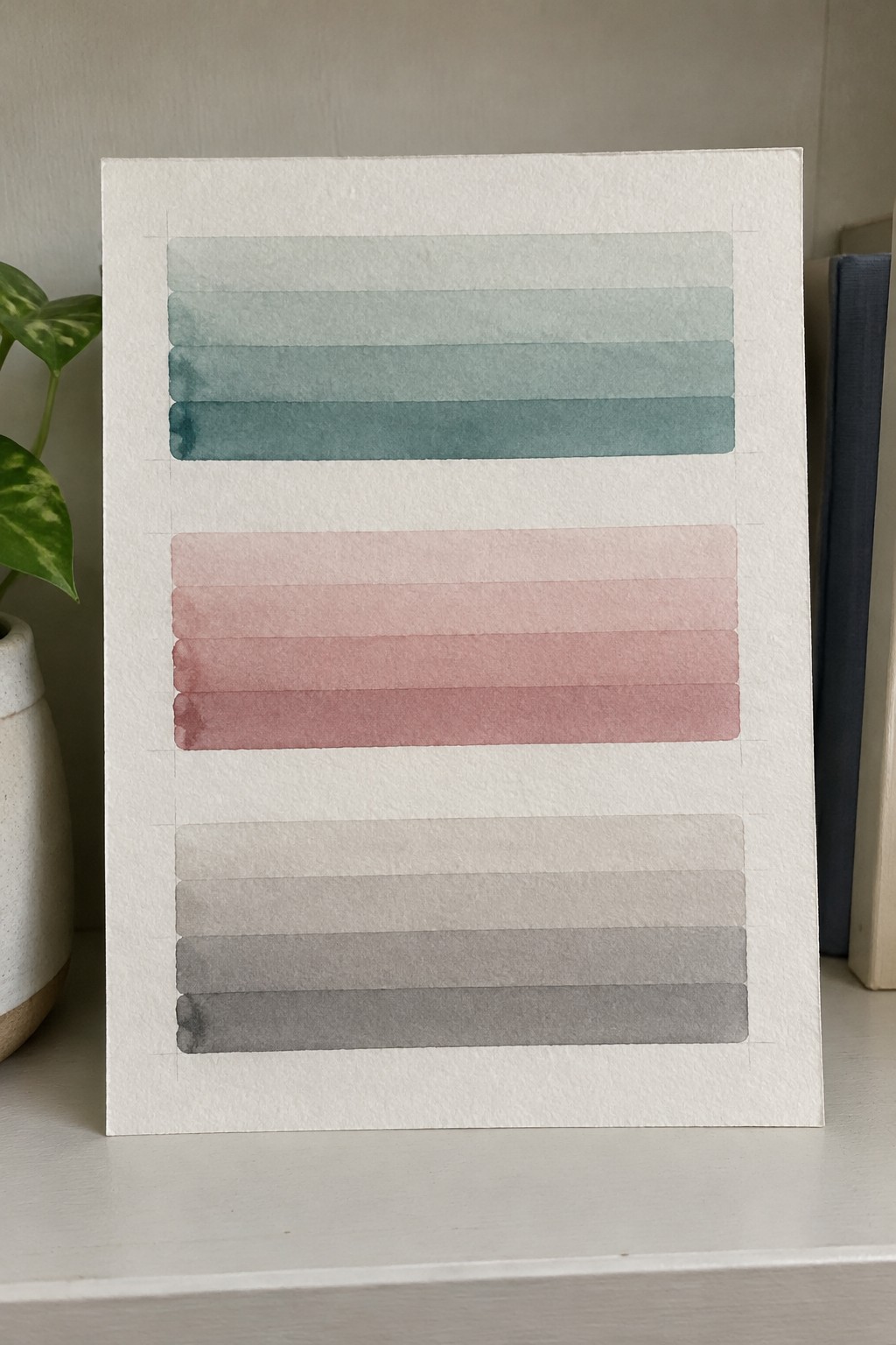 A watercolor painting on white paper displays three vertical sections of horizontal stripes in teal, pink, and gray color families.