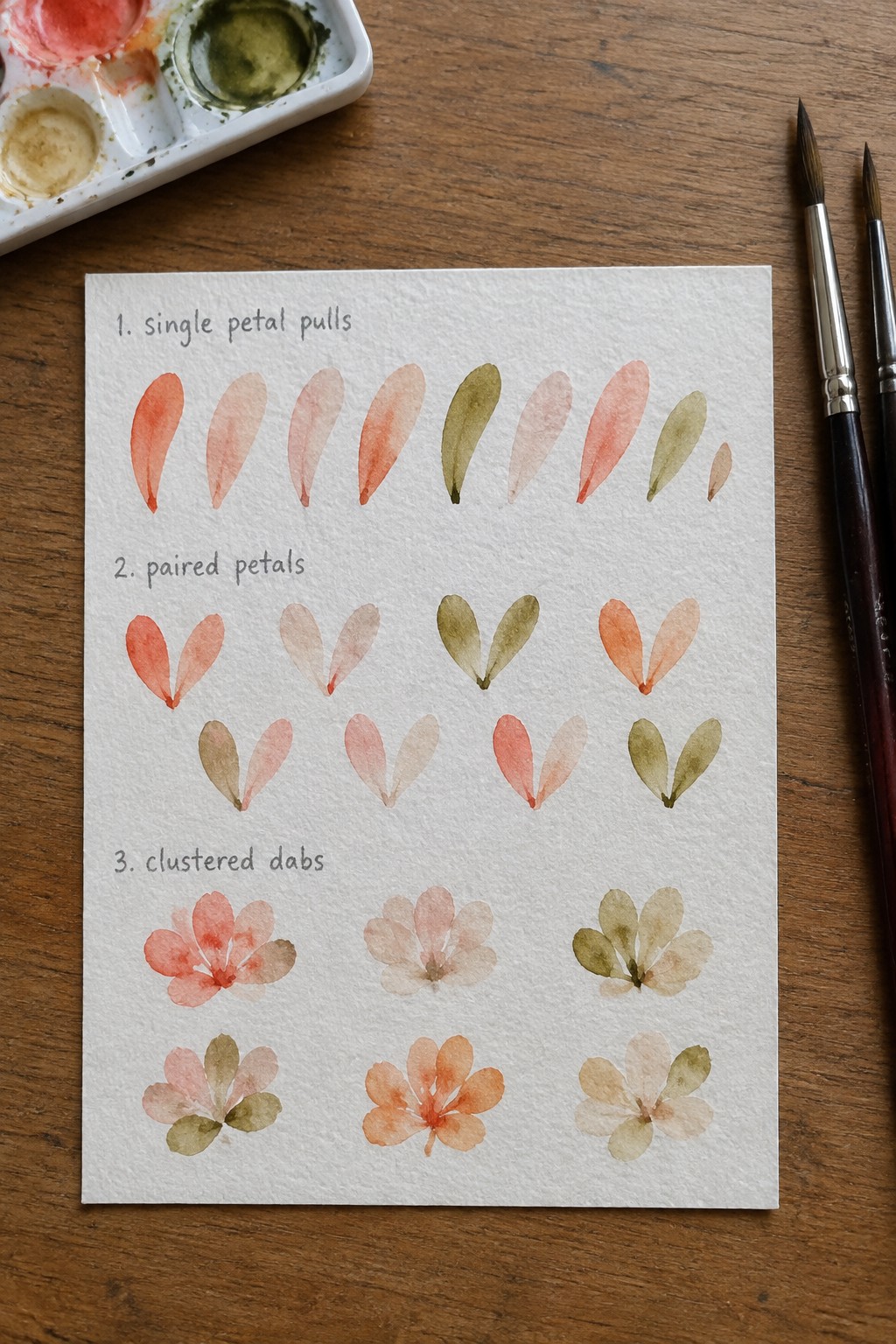 Watercolor practice sheet with labeled sections for single petal pulls, paired petals, and clustered dabs in soft reds, pinks, and greens on white paper.