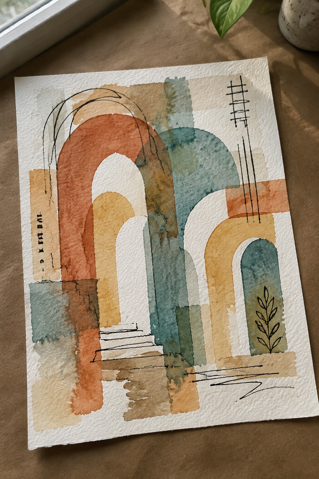 Abstract watercolor with terracotta and teal arches, stairs, and plant motifs on paper.