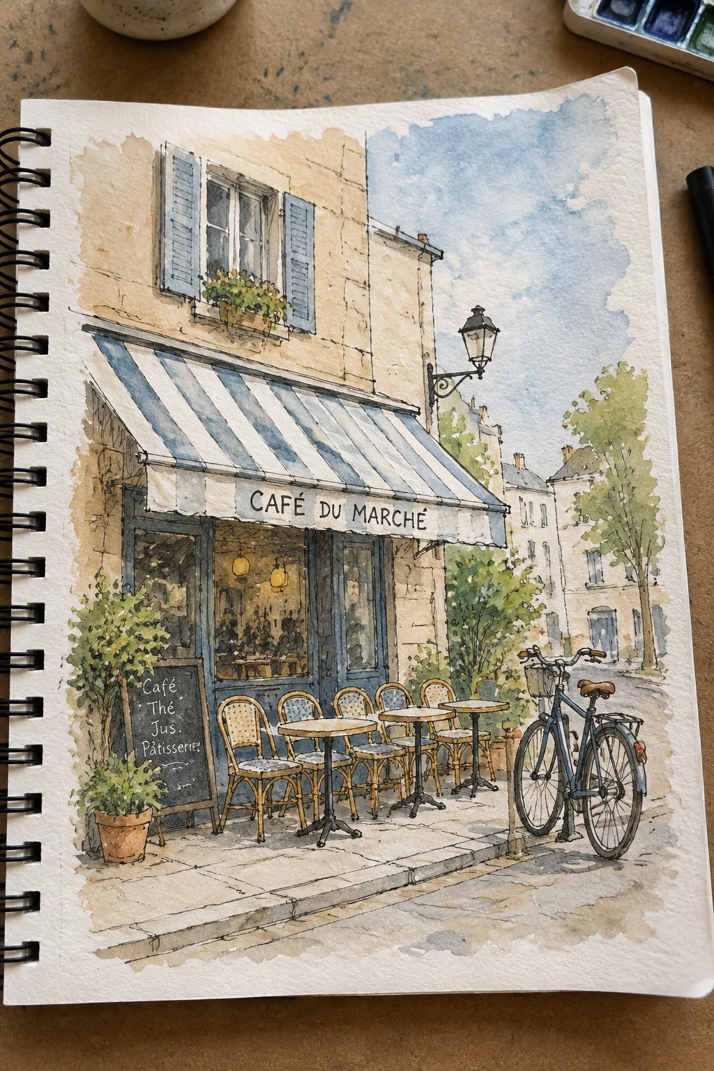Watercolor of French café with striped awning, outdoor tables, chairs, and parked bicycle.