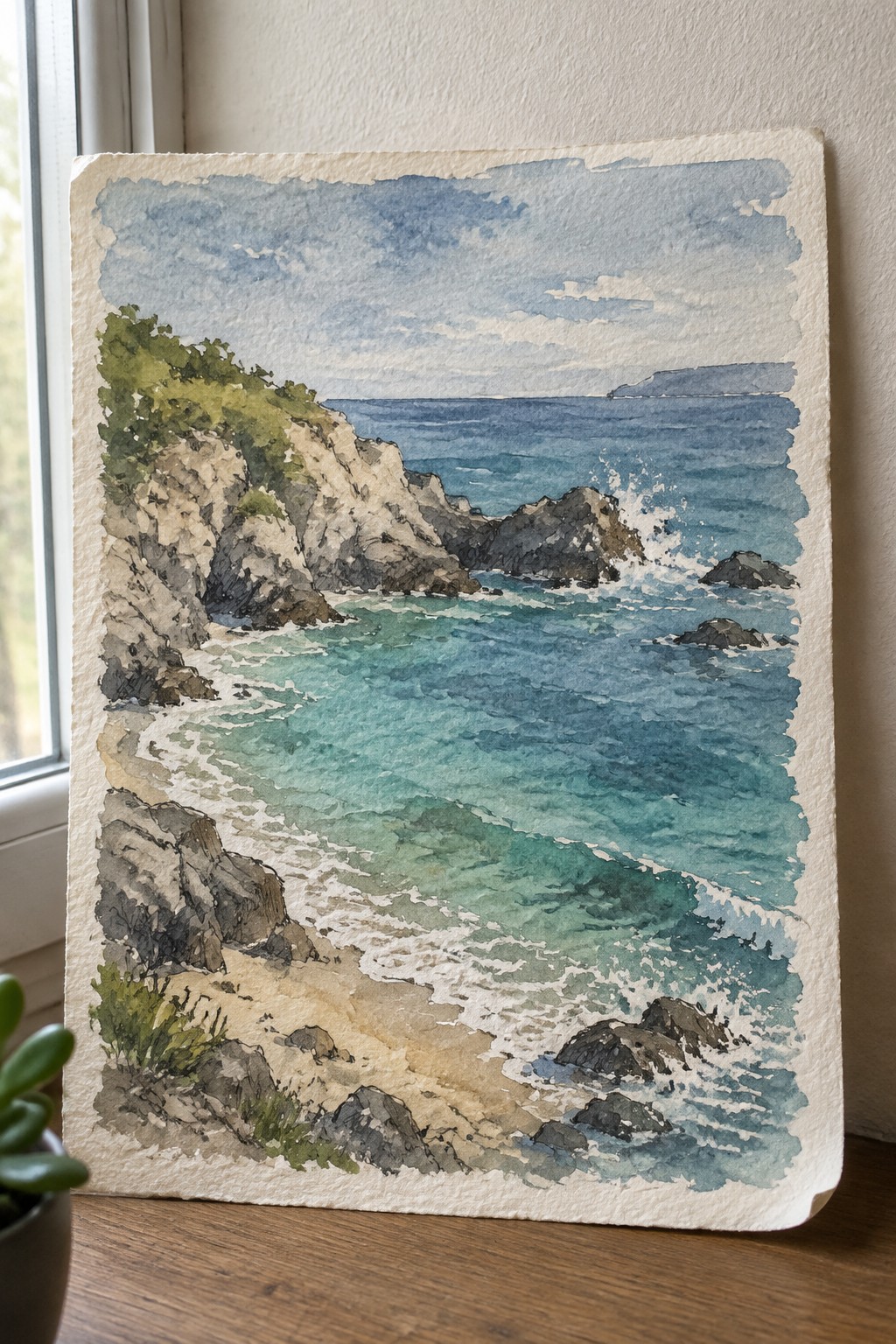 Watercolor painting of rocky cliffs, turquoise waves, and sandy cove by window