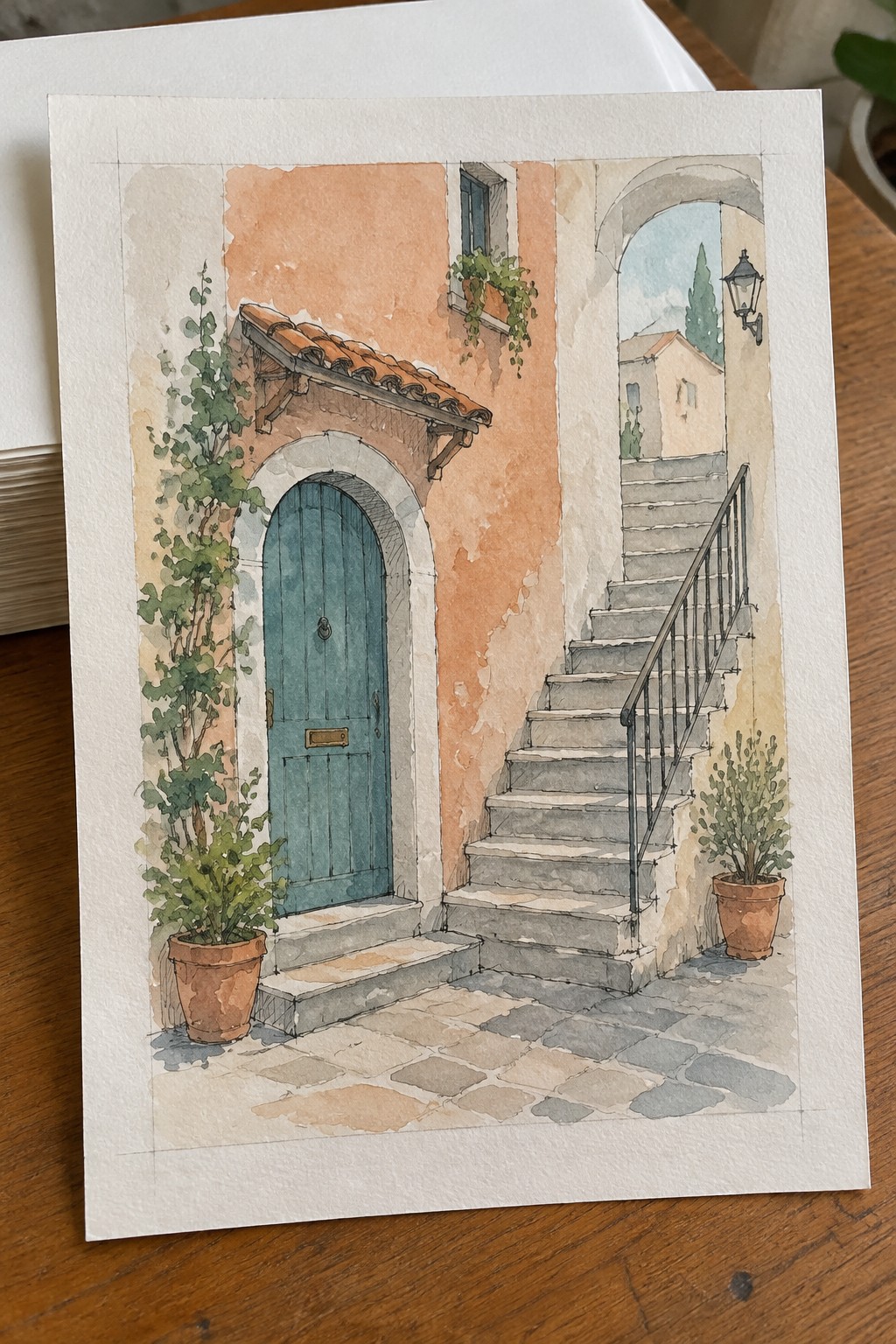 Watercolor of arched teal door, stone stairs, potted plants, and cobblestone courtyard.
