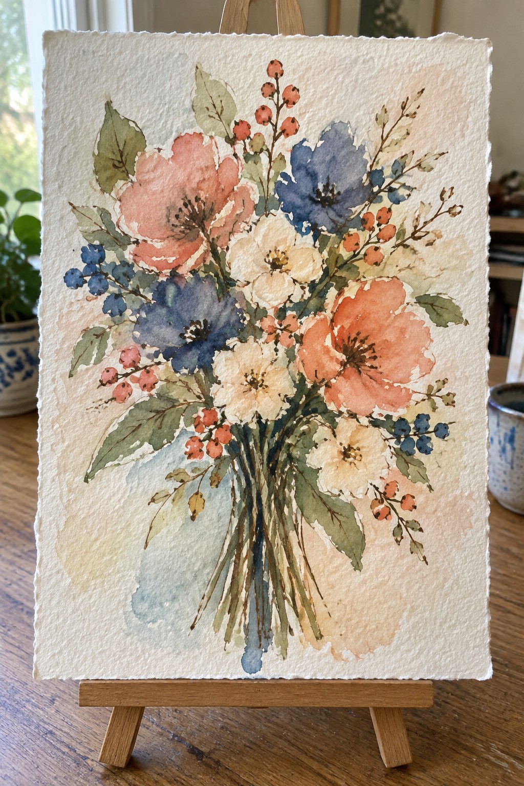 Watercolor bouquet of coral, blue, white, and orange flowers with berries on easel