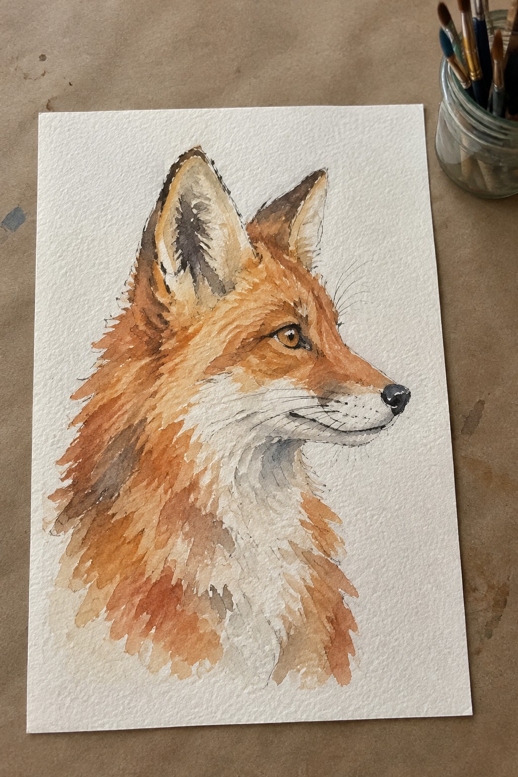 Watercolor painting of reddish-orange fox in profile on white paper beside paintbrushes
