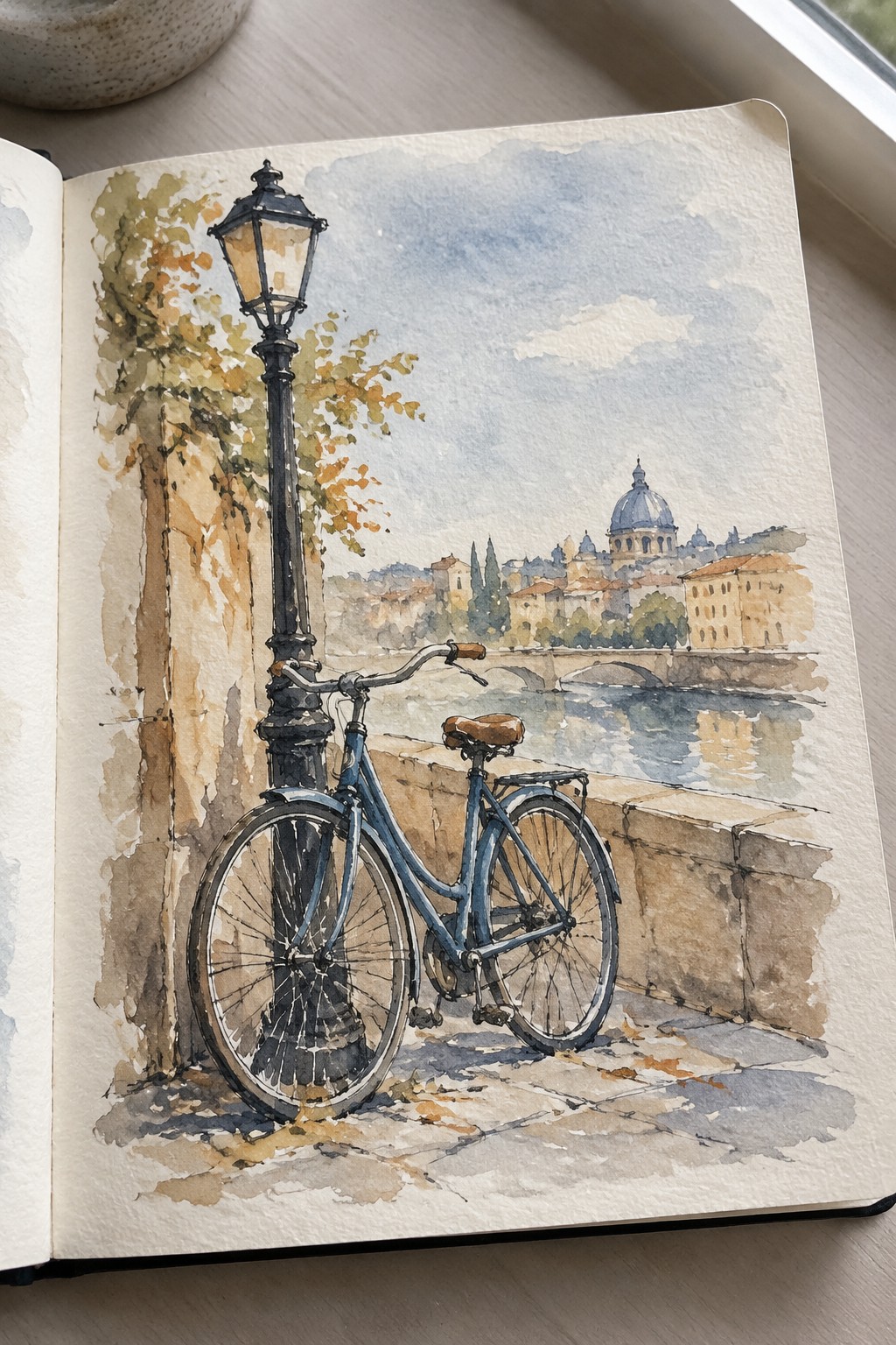 Watercolor sketch in open journal of blue bicycle by lamppost along river with domed cityscape.