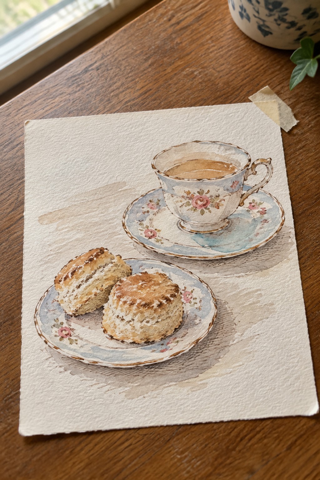 Watercolor painting of a floral teacup on a saucer next to a plate with two scones on white paper over a wooden table.