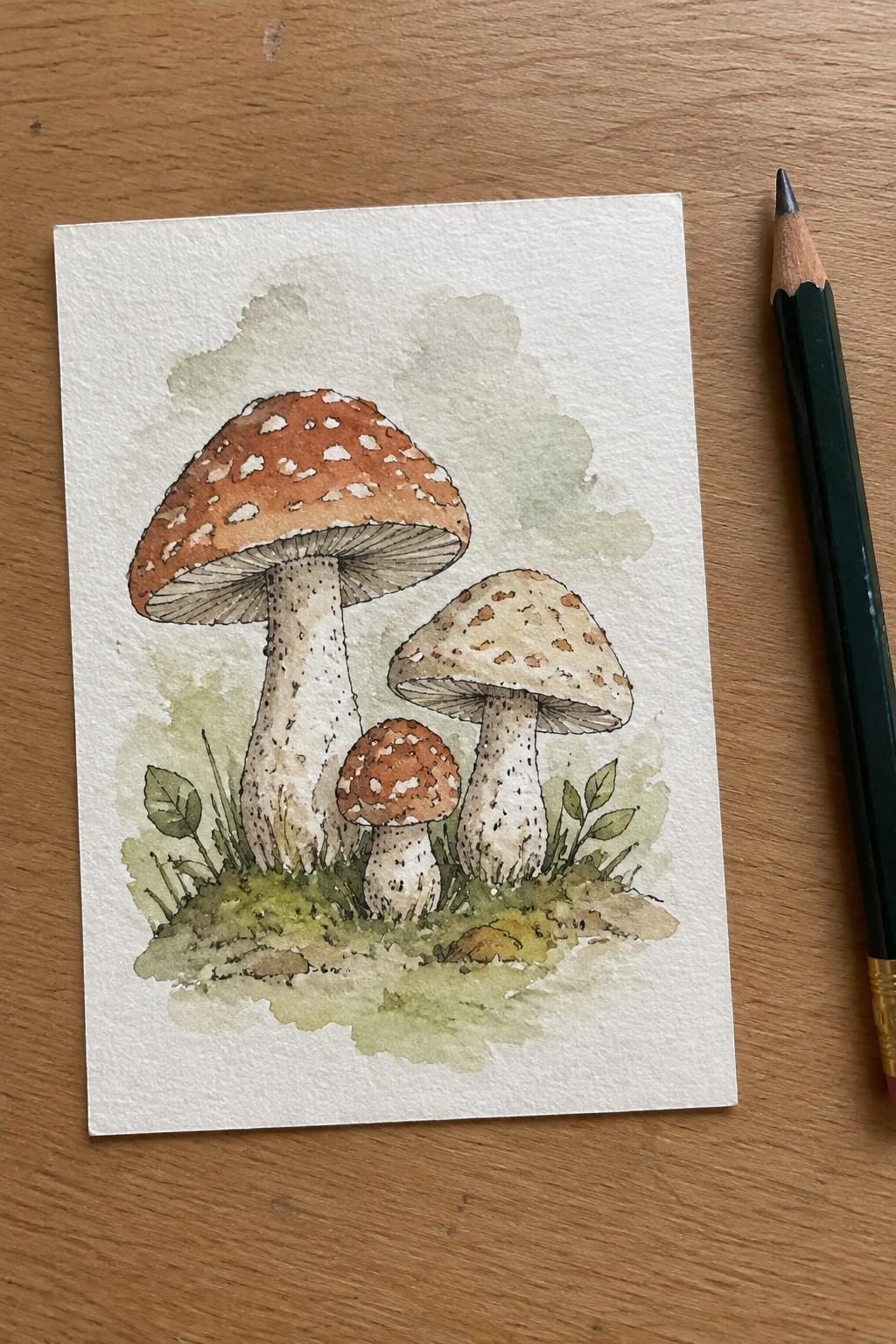 Watercolor painting of three spotted mushrooms with green foliage beside a pencil on wood