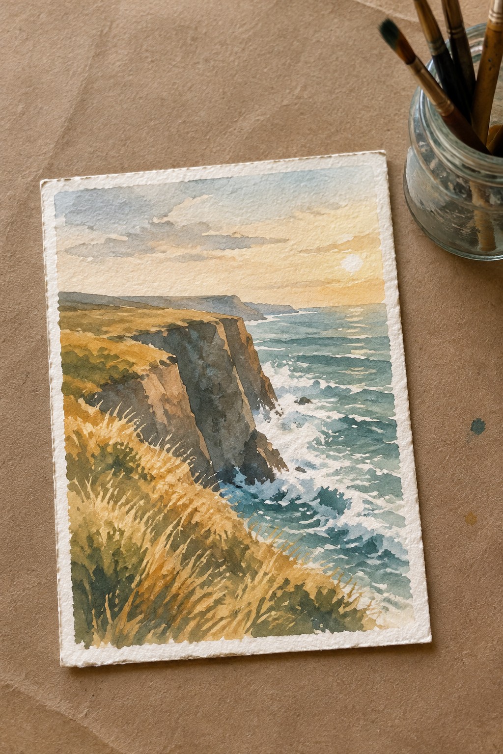 Watercolor seascape of cliffs, waves, and golden grass beside paintbrush jar