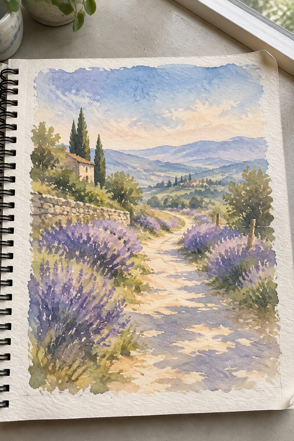 Watercolor sketchbook painting of lavender bushes lining a winding rural dirt path with hills.