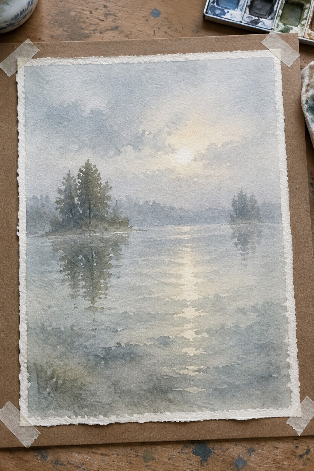 Watercolor of misty lake with sun reflection and trees taped beside palette on wood.