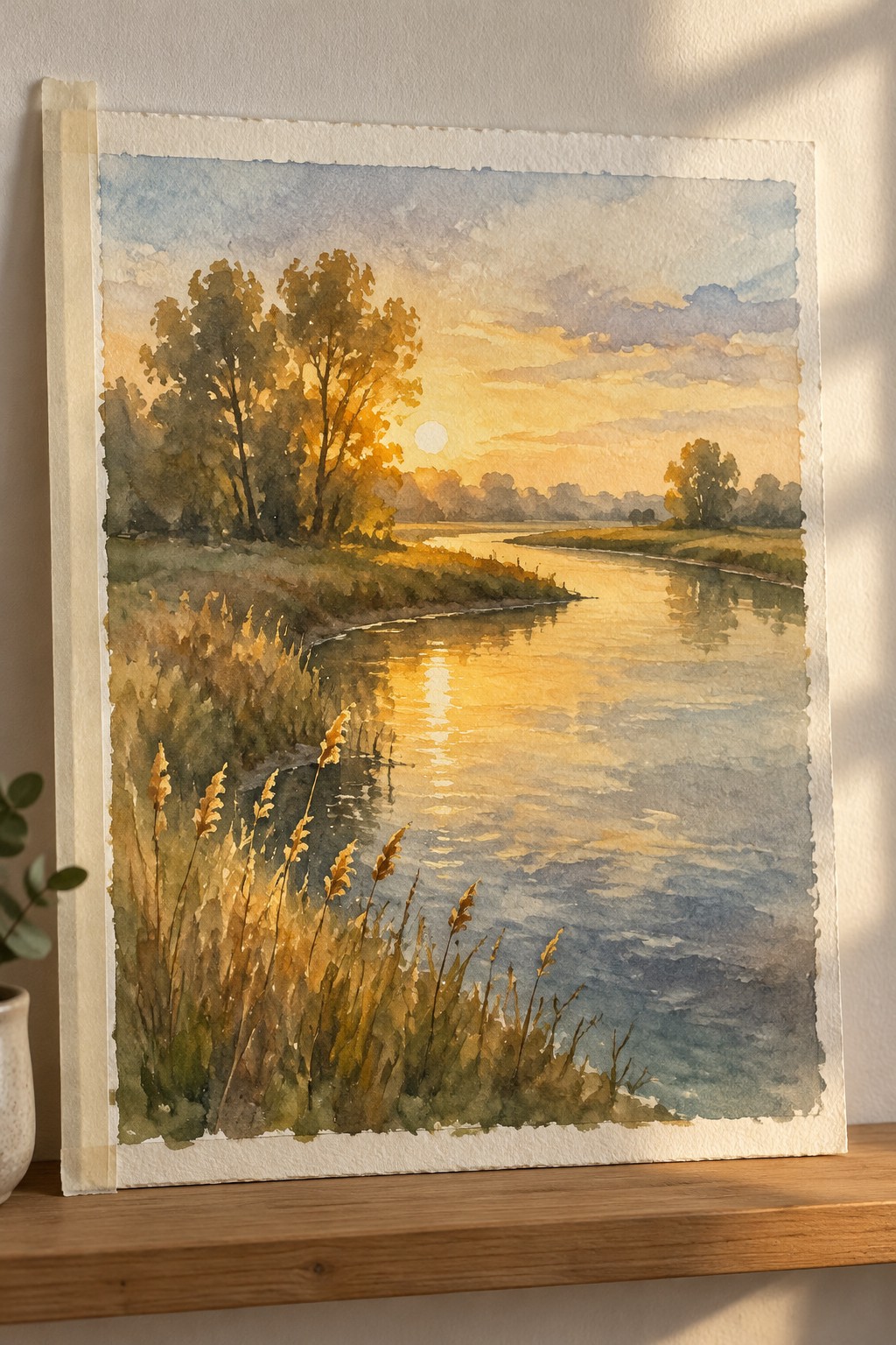 Watercolor sunset landscape of winding river with golden reflections, trees, and foreground reeds