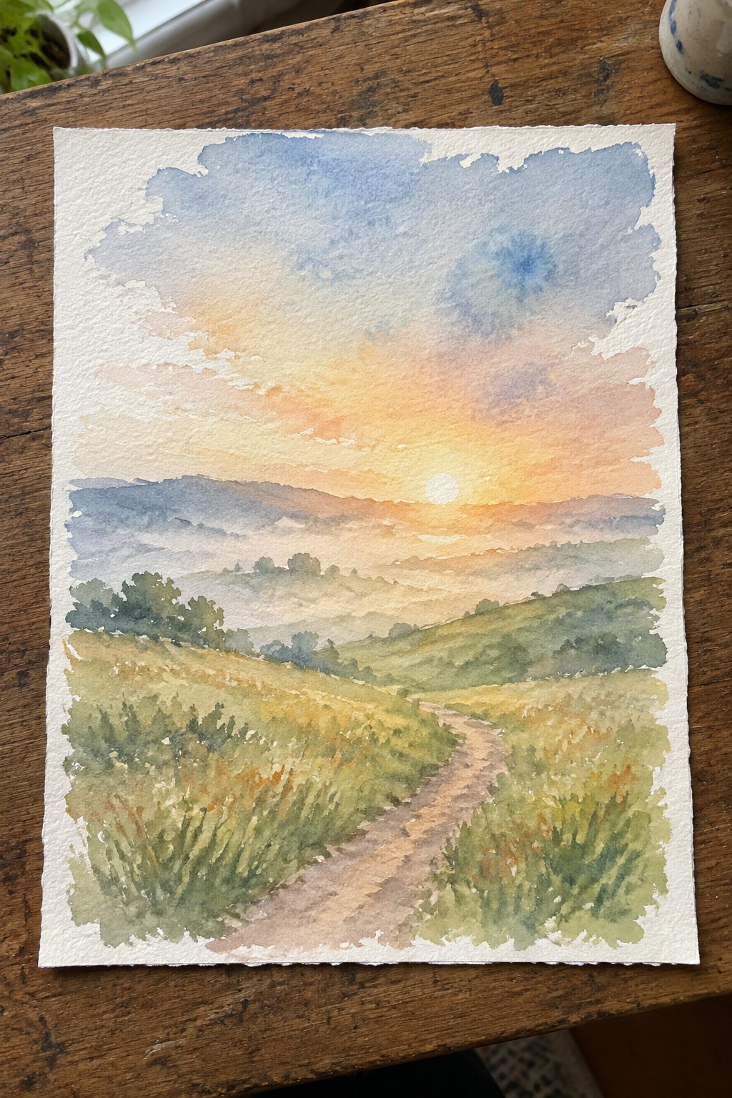 Watercolor landscape of winding path through misty green hills at orange sunset