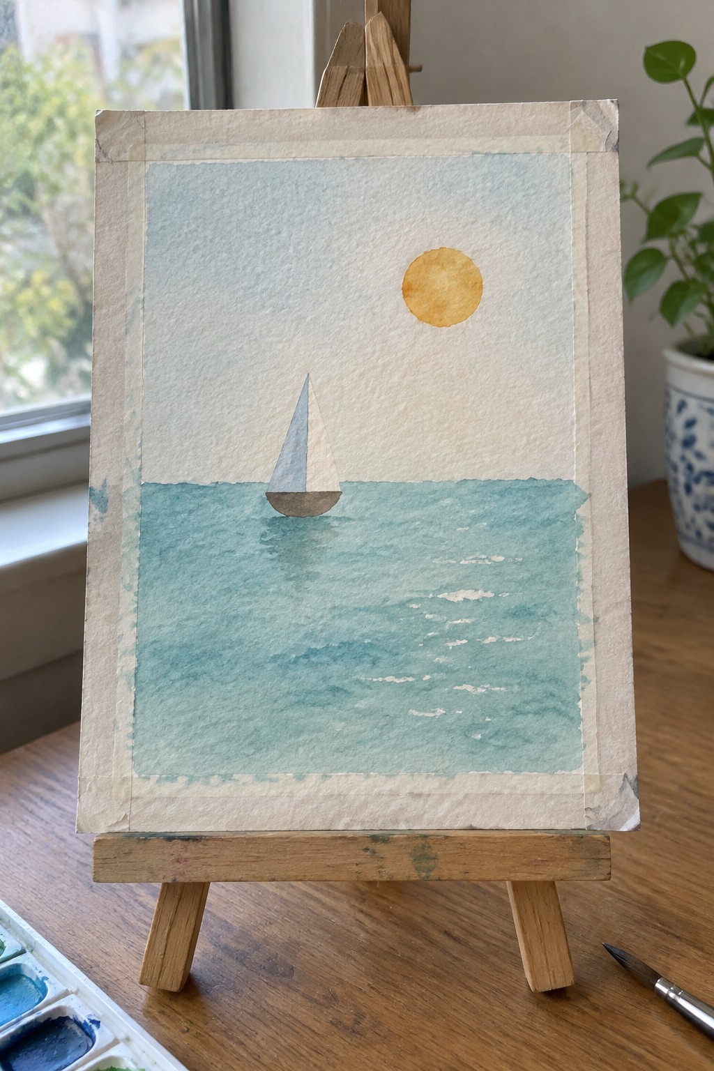 A minimalist watercolor painting of a sailboat on teal water with a yellow sun above, taped to a wooden easel.