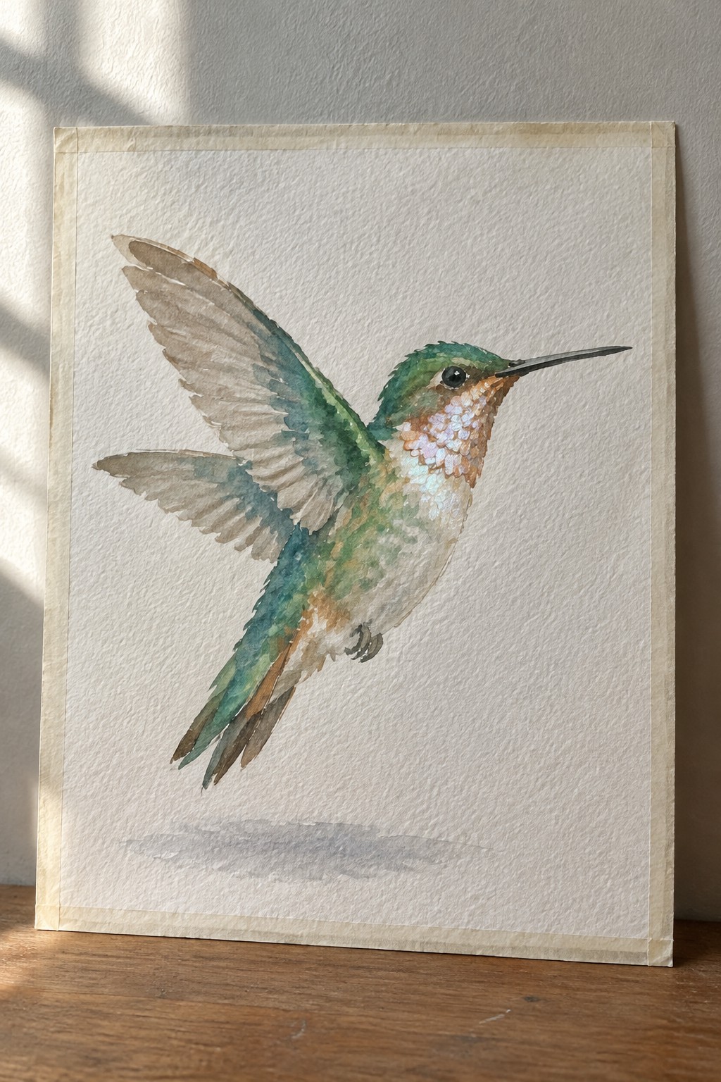 A watercolor painting of a hummingbird in flight with green and teal wings and an iridescent pink and blue throat against a white paper background.