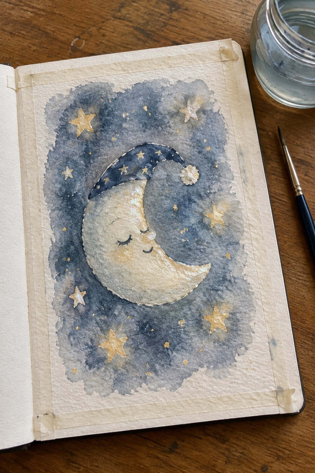 A watercolor painting of a sleeping crescent moon wearing a dark blue nightcap, surrounded by gold stars on a blue wash background in an open sketchbook.