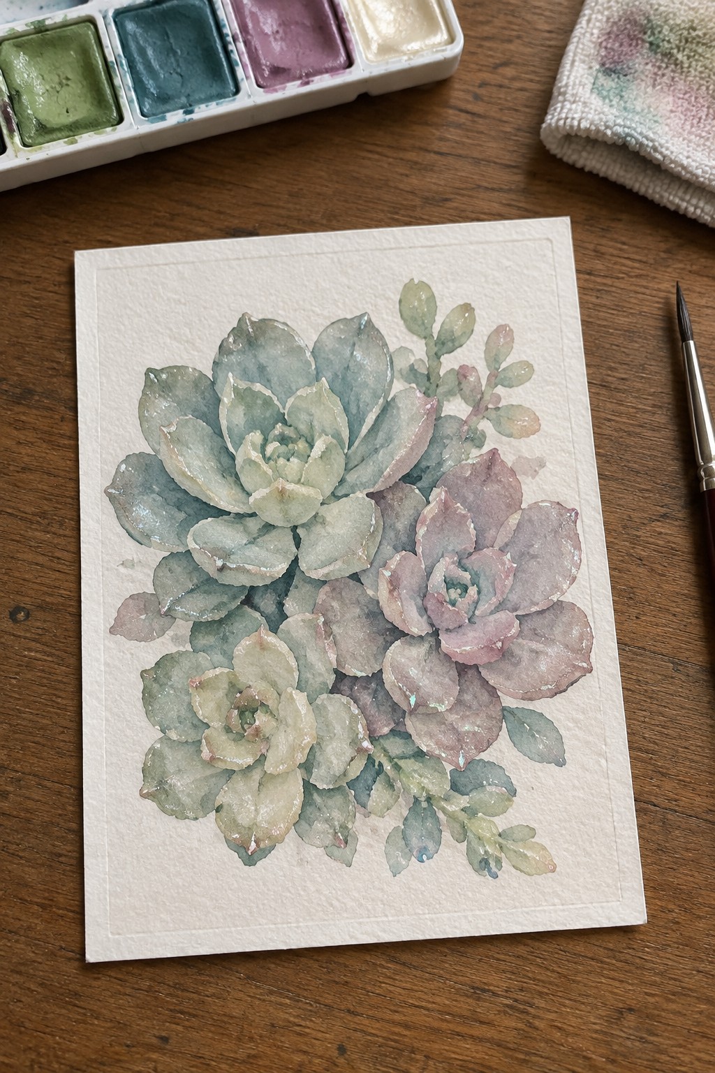 Watercolor painting of green and purple succulents on white paper with art supplies nearby