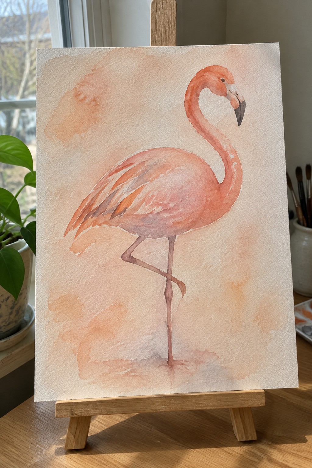 Watercolor flamingo in soft orange hues standing on one leg on wooden easel