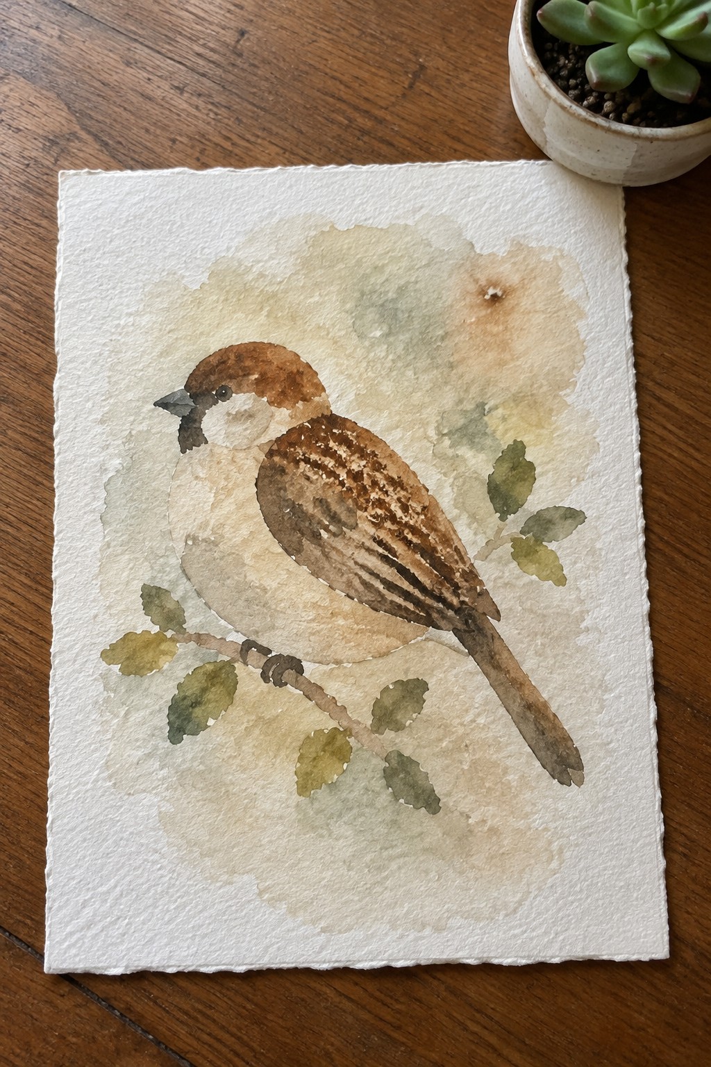 Watercolor of a brown sparrow perched on a branch with soft green leaves