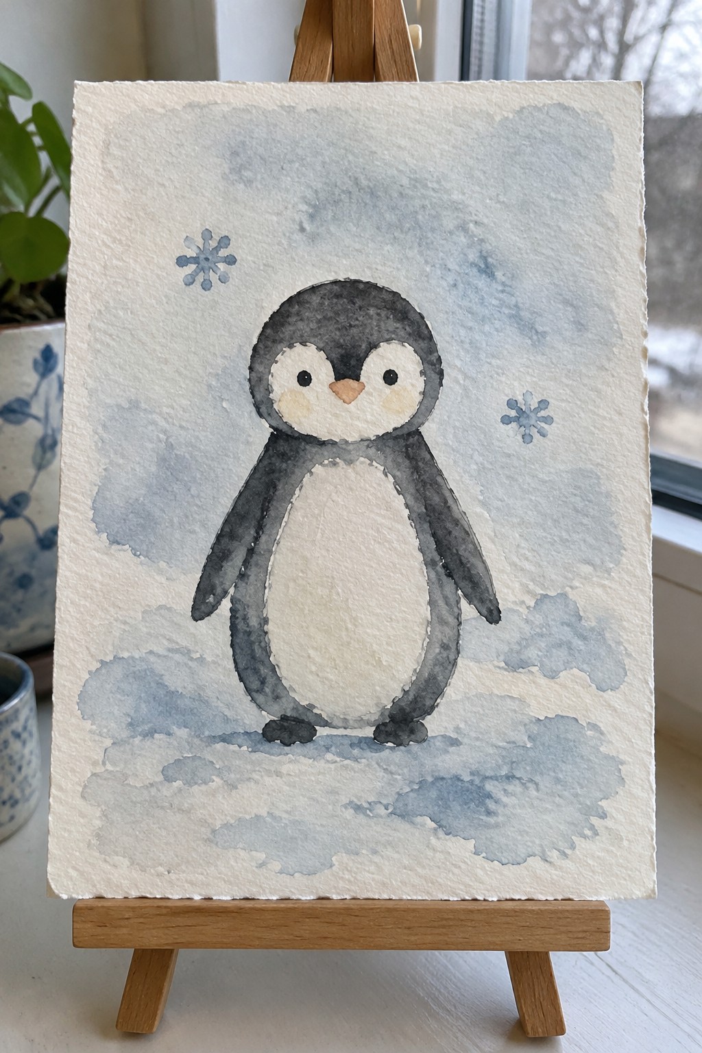 Watercolor painting of a cute penguin on snowy clouds with snowflakes on an easel.
