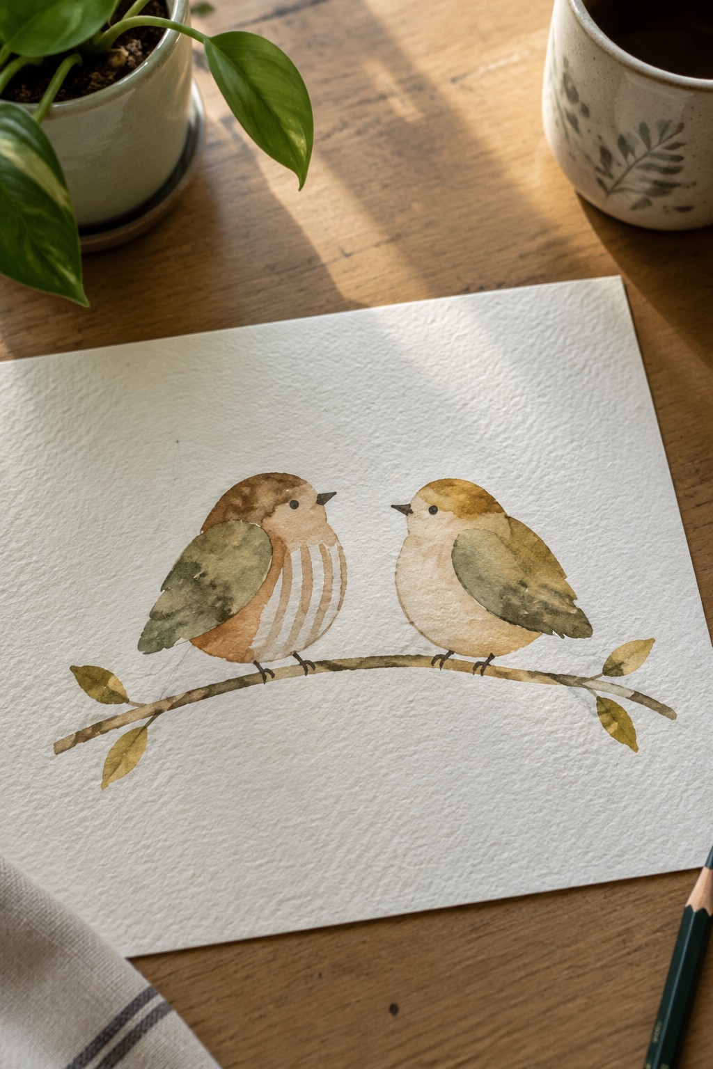 Two watercolor birds on a leafy branch beside potted plant, mug, and pencil on wood