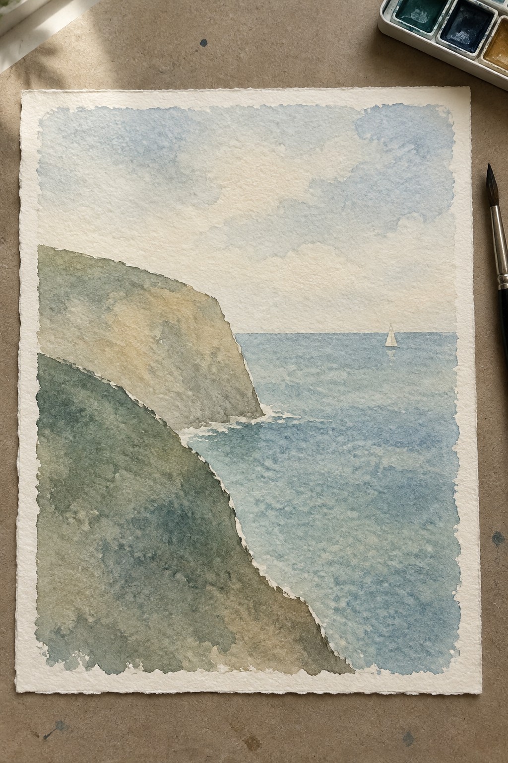 Watercolor seascape with green cliffs, blue ocean, sailboat, paintbrush, and palette.