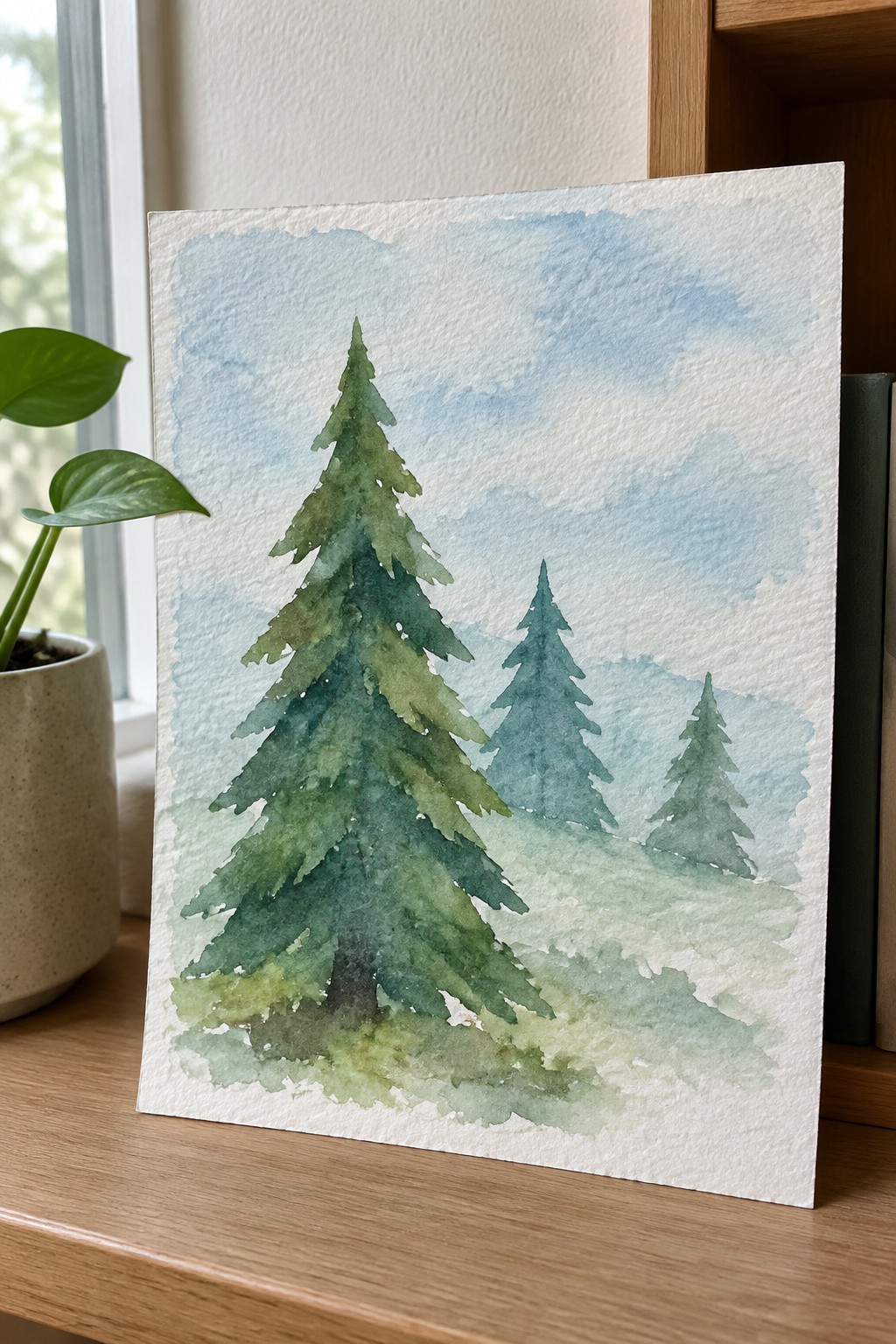 Watercolor painting of three pine trees in misty green landscape under blue cloudy sky