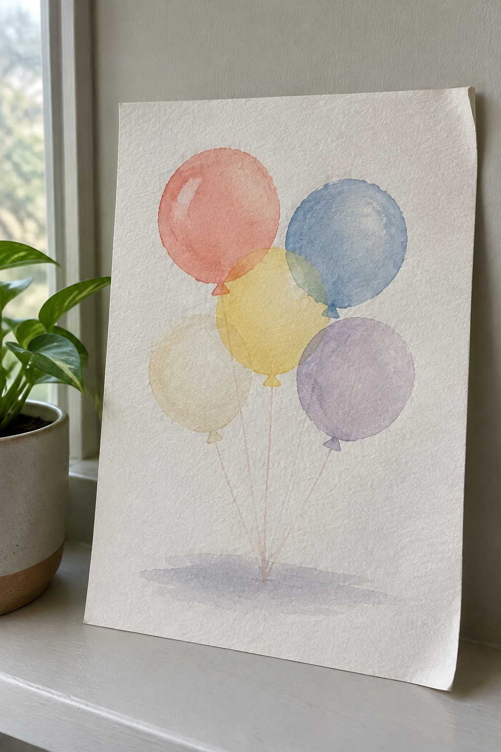 Watercolor painting of five pastel balloons on a windowsill beside a potted plant
