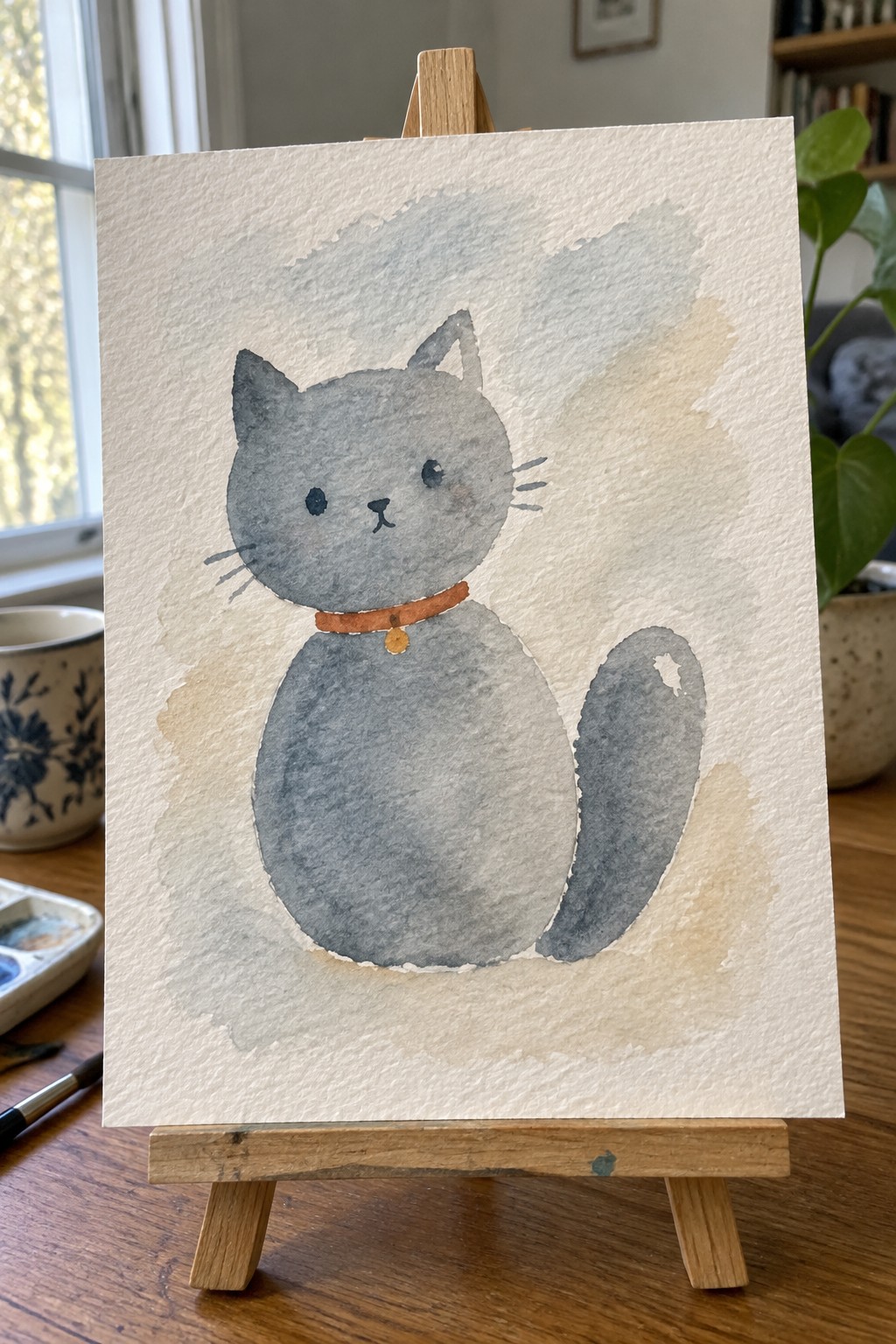Watercolor painting of gray cat with orange collar on wooden easel