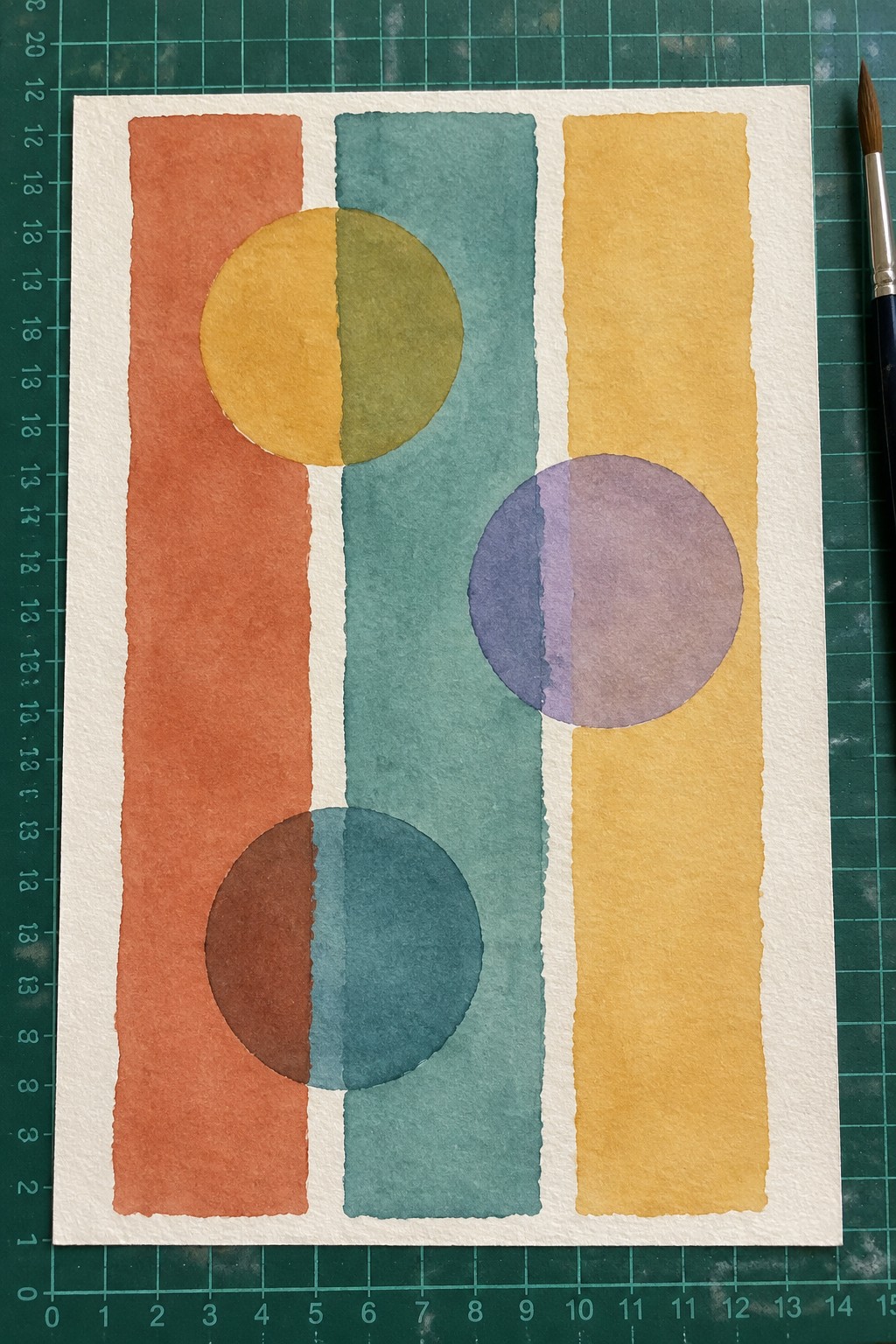 Abstract watercolor with coral, teal, and yellow vertical stripes plus three bicolored overlapping circles.