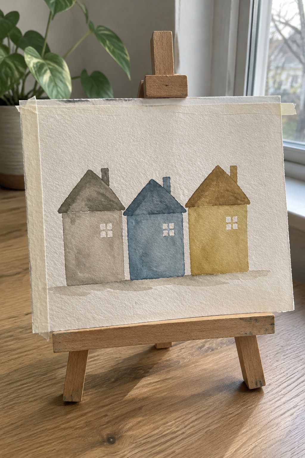 Watercolor painting of three simple houses in beige, blue, and yellow with white square windows lined up on white paper.
