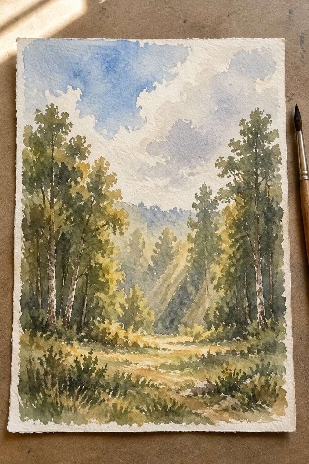 Watercolor painting of sunlit forest path with tall trees, clouds, and nearby brush